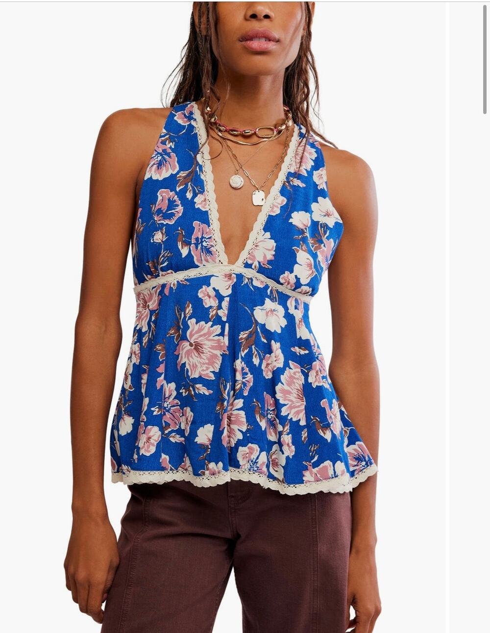 Free People Rome Printed Lace Trim Tank Top - Navy Combo XL